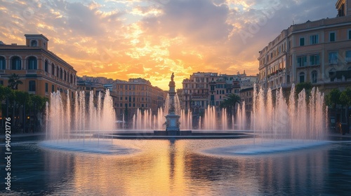 A peaceful dawn over a picturesque plaza in Genoa, with the gentle spray of the fountain catching the morning light.