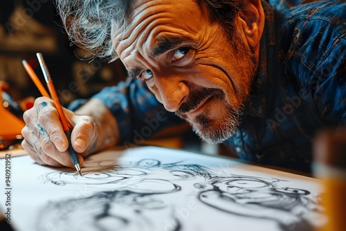 a cartoonist creating humorous characters with bold lines in ink