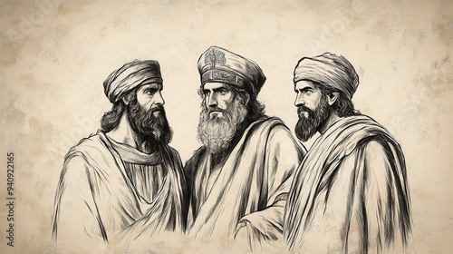 Uzziah Consults with Advisors in 2 Chronicles, Planning to Fortify Jerusalem and Expand Judah’s Territory, Biblical Illustration for Faith-Based Reflection, Beige Background photo