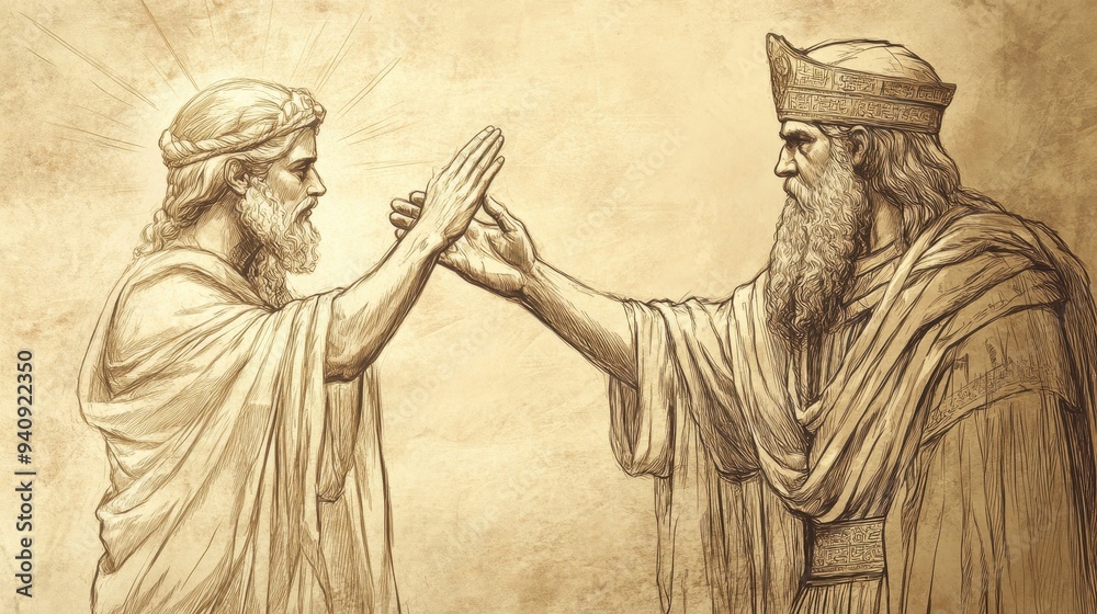 Fototapeta premium King David Blessing Solomon in 1 Chronicles: A Symbolic Biblical Illustration of Wisdom, Reign, and Divine Guidance, Ideal for Religious Art