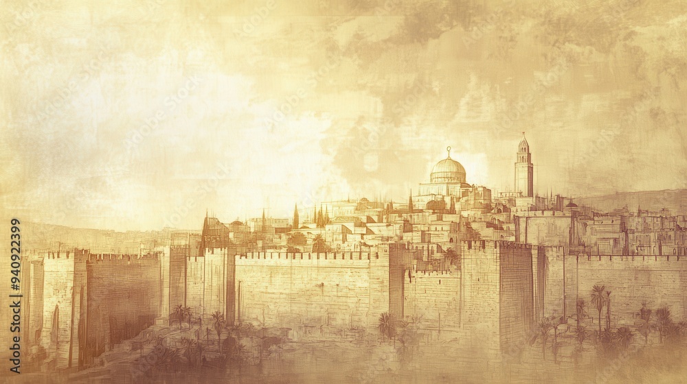 Fototapeta premium Manasseh’s Transformation: Jerusalem Bathed in Divine Light After Repentance, Representing Forgiveness and Restoration, Biblical Illustration, Beige Background