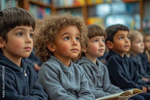 a class of children attentively listening to a story being read aloud