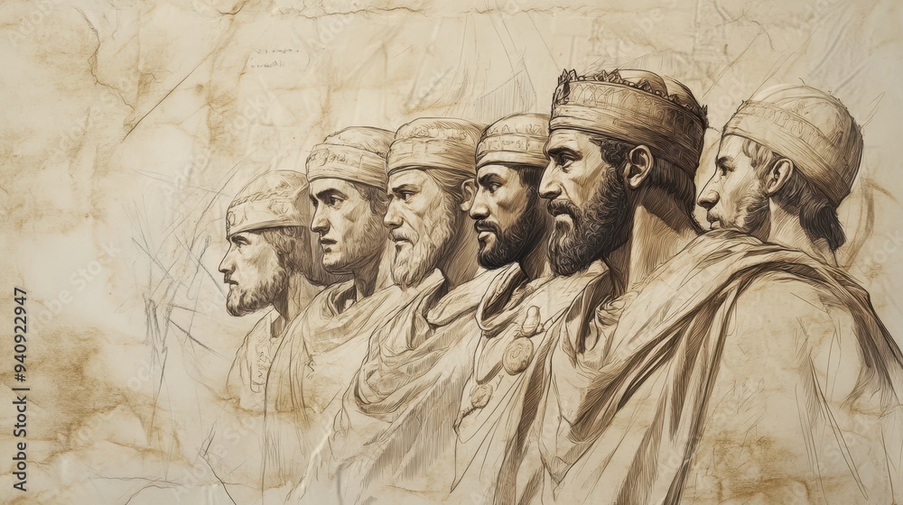 Fototapeta premium Rehoboam’s Young Advisors Realize Their Mistake in 2 Chronicles, Watching the Kingdom Crumble, Biblical Illustration for Faith-Based Reflection, Beige Background