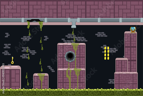 2d platform game side view adventure with style rounded block in sewer underground waste Level five