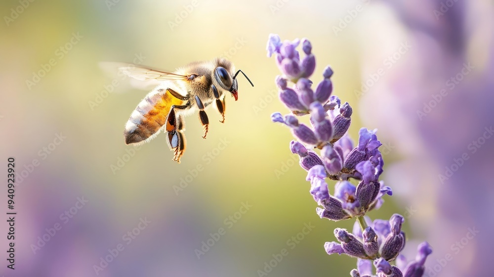 A bee flying close to a purple flower with a blurred background behind it A bee flying close to a purple flower with a blurred background behind it