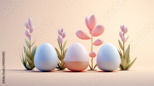 Elegant arrangement of pastel eggs and flora, perfect for spring themes, Easter celebrations, or minimalist decor.