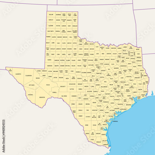 Texas, U.S. state, political map with borders and county names. State in the South Central region of the United States, subdivided into 254 counties. Nicknamed The Lone Star State. Illustration