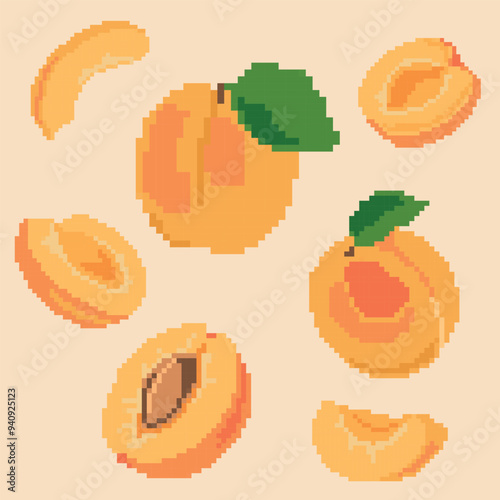 Pixel art of whole and sliced apricots with green leaves on a light beige background. Ideal for digital art projects, food illustrations, and retro-themed designs