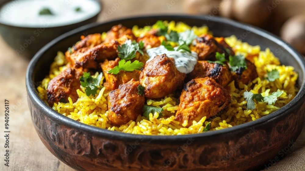 A savory Indian dish showcasing spiced chicken and basmati rice, with a side of cooling yogurt raita. A savory Indian dish showcasing spiced chicken and basmati rice, with a side of cooling yogurt raita.