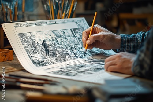 a storyboard artist sketching out a sequence of frames for animation photo