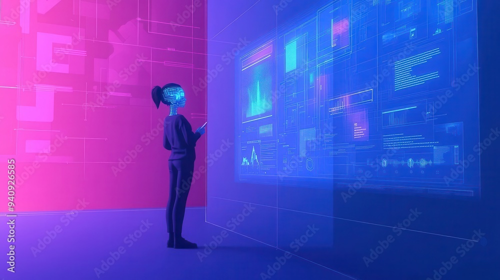 A woman interacts with a futuristic digital interface, showcasing advanced technology and data visualization in a vibrant environment. A woman interacts with a futuristic digital interface, showcasing advanced technology and data visualization in a vibrant environment.