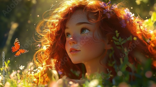 A young girl with curly red hair smiles in a sunlit meadow, surrounded by wildflowers and butterflies.