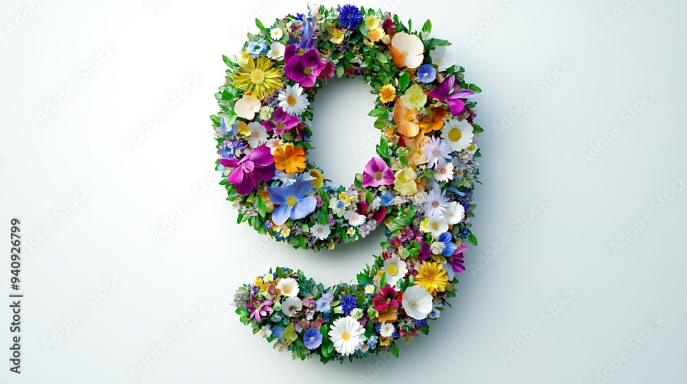 A number 9 made from various colorful spring flowers against a white background. A number 9 made from various colorful spring flowers against a white background.