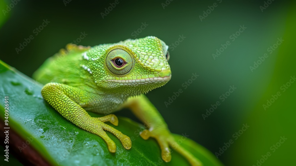 Fototapeta premium A tight shot of a green-yellow lizard perched on a wet leaf, adorned with water droplets