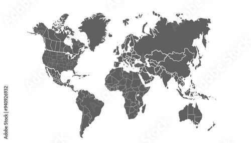 Grey world map with clean lines, suitable for both professional and personal use.