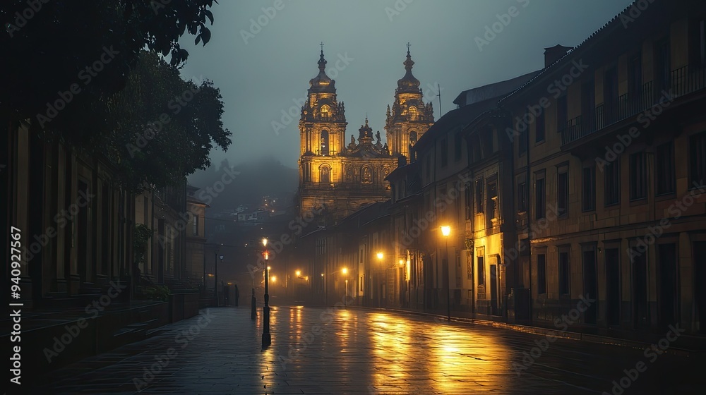 Fototapeta premium A serene night shot of Santiago de Compostela Cathedral, veiled in mist and illuminated by faint streetlights after the rain.