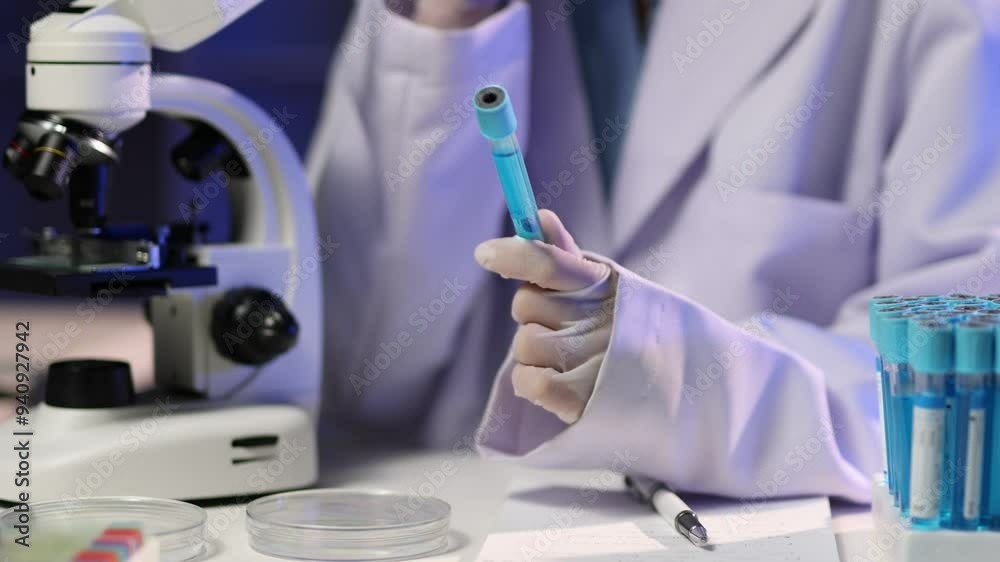 Scientist analyzes a colored liquid to extract the DNA and molecules in the test tubes. Scientists test the chemical reactions of the solution and test biological fluids in test tubes. Scientist analyzes a colored liquid to extract the DNA and molecules in the test tubes. Scientists test the chemical reactions of the solution and test biological fluids in test tubes.