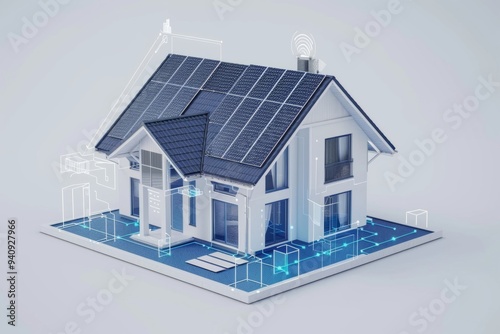 A modern house with solar panels and smart technology. This image showcases sustainable living and innovation. It represents eco-friendly architecture. Generative AI