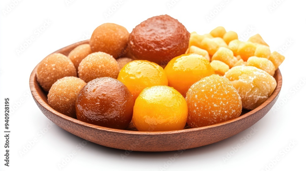 A set of authentic Indian sweets, including gulab jamun, kaju katli, and jalebi, isolated on a white background. A set of authentic Indian sweets, including gulab jamun, kaju katli, and jalebi, isolated on a white background.