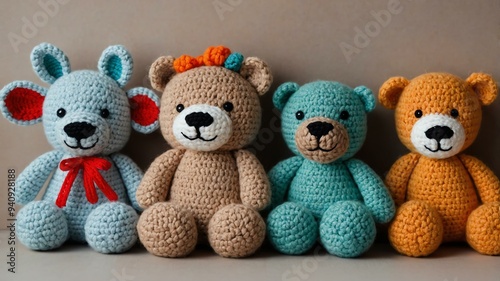 flat lay crochet stuffed animals toys in a cozy background