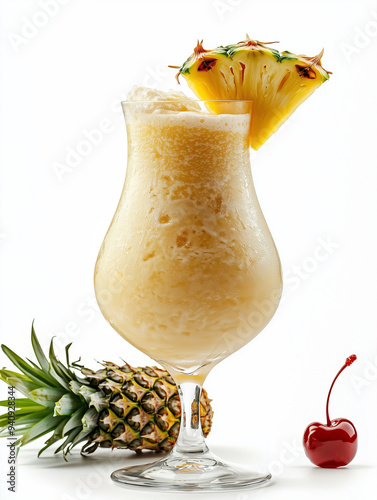 A creamy piña colada in a h...