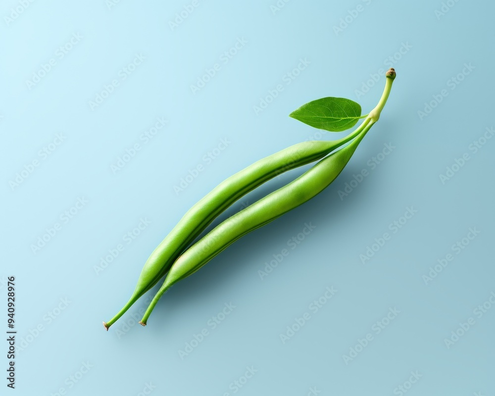 Fresh green bean with a leaf on a soft blue background, perfect for culinary or health-themed projects. Fresh green bean with a leaf on a soft blue background, perfect for culinary or health-themed projects.