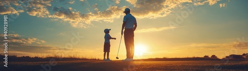 A heartwarming moment between a parent and child enjoying a sunset while playing golf, capturing joy and connection.