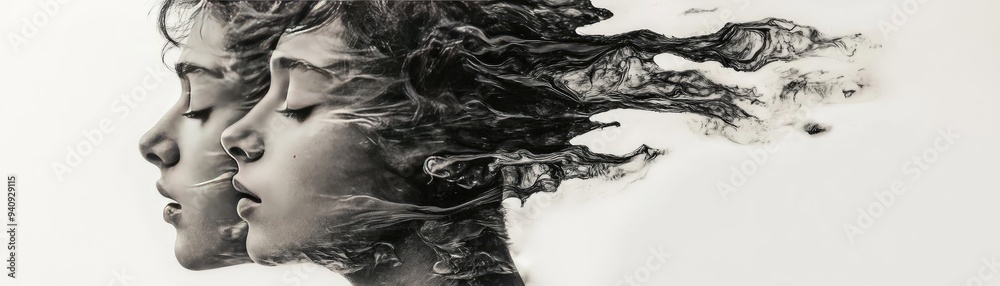 Fototapeta premium An artistic depiction of two profiles merging with flowing textures, symbolizing thoughts and emotions in motion.