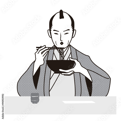 麺を食べる侍　冷ます