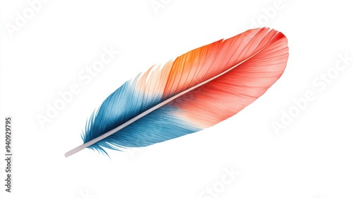 A beautifully vibrant feather in shades of blue, orange, and red, showcasing its delicate structure and artistic qualities.