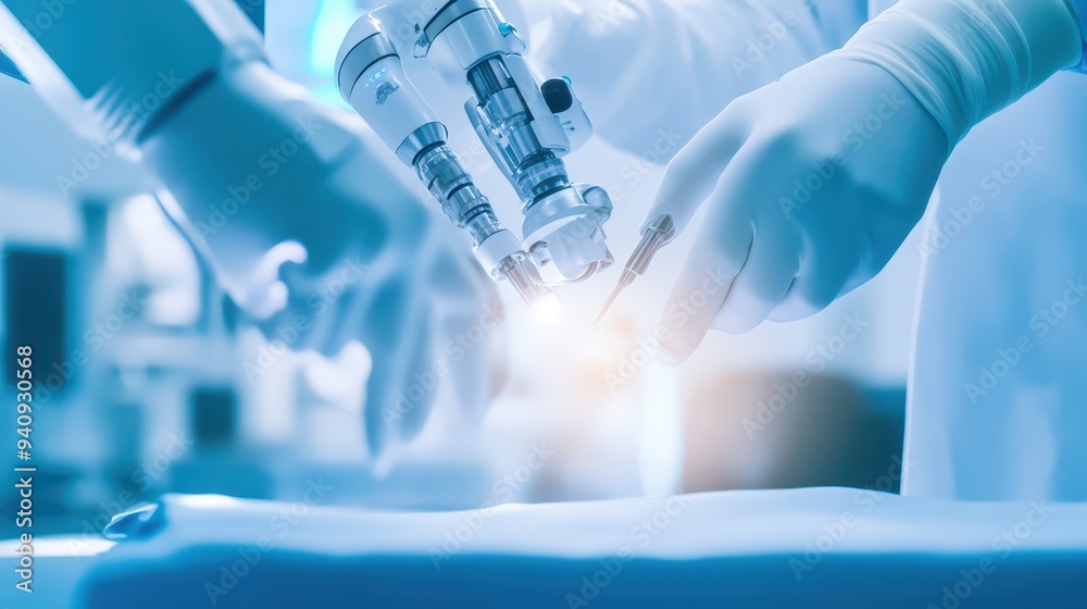 A close-up of a robotic surgical procedure, showcasing precision instruments and skilled hands during a complex medical operation. A close-up of a robotic surgical procedure, showcasing precision instruments and skilled hands during a complex medical operation.