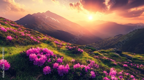 Mountain Sunset Landscape with Pink Flowers