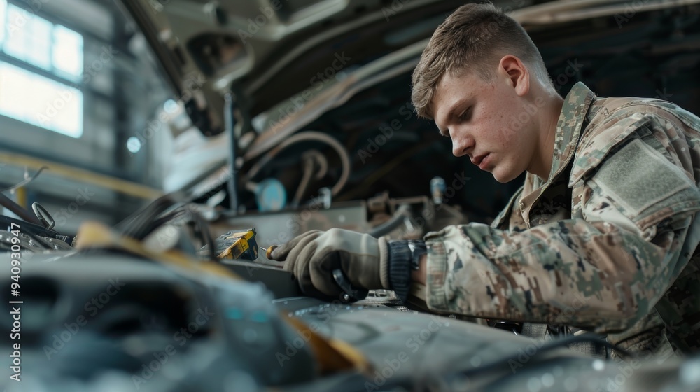 custom made wallpaper toronto digitalMale engineer in military uniform fixing vehicle in garage