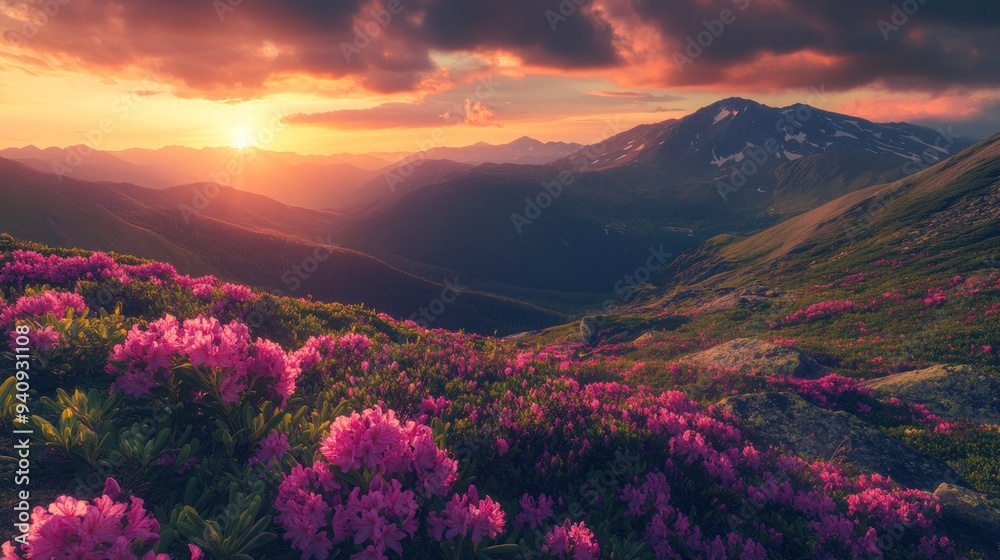 Mountain Sunset with Blooming Rhododendrons Mountain Sunset with Blooming Rhododendrons
