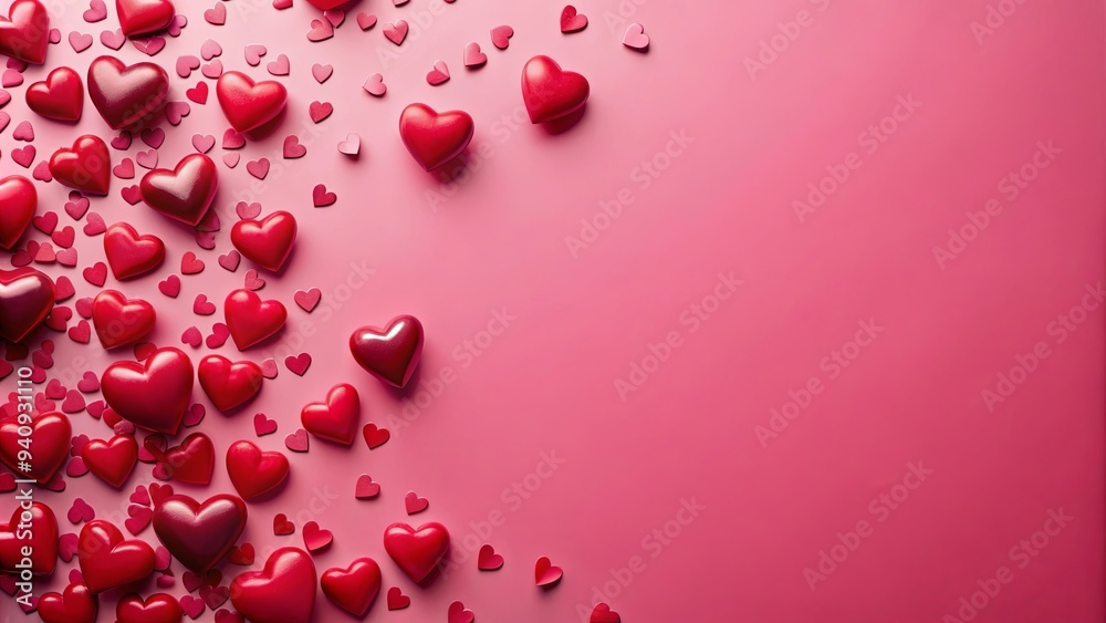 Background of scattered red hearts on pink, love, romance, valentine, affection, passion, hearts, background, design, pattern Background of scattered red hearts on pink, love, romance, valentine, affection, passion, hearts, background, design, pattern