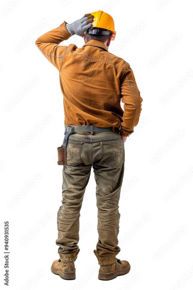 Back view of construction worker looking at something, standing isolate on transparent or white background Back view of construction worker looking at something, standing isolate on transparent or white background