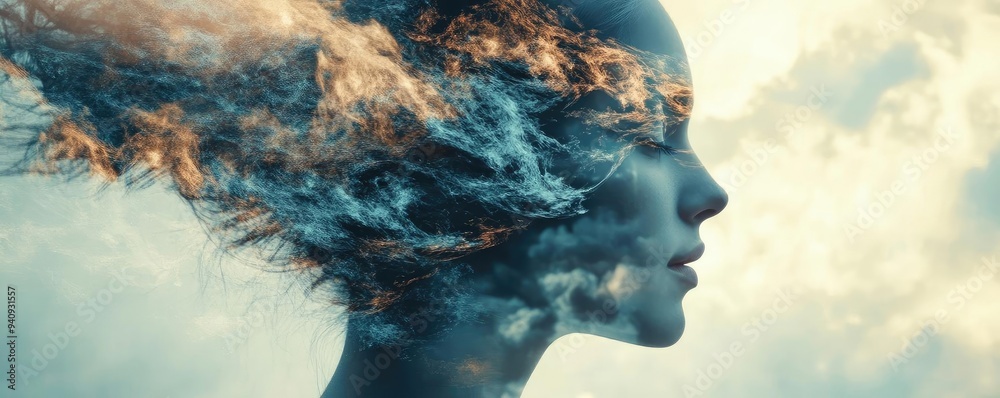 Surreal art piece depicting a woman's profile merging with abstract clouds and flames, symbolizing transformation and creativity. Surreal art piece depicting a woman's profile merging with abstract clouds and flames, symbolizing transformation and creativity.
