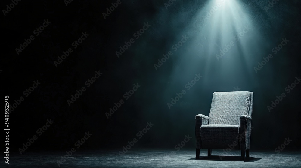 Bright spotlight illuminating a single empty theater chair Bright spotlight illuminating a single empty theater chair