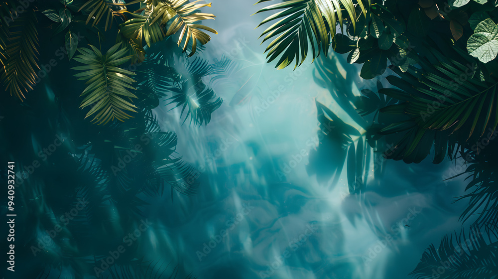 Top view, palm leaves over blue water. summer exotic background Top view, palm leaves over blue water. summer exotic background