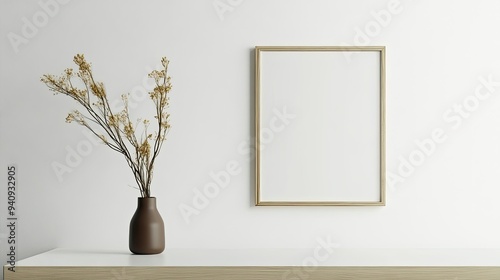A single minimalist photo frame hanging on a blank white wall, highlighting clean lines and simplicity.