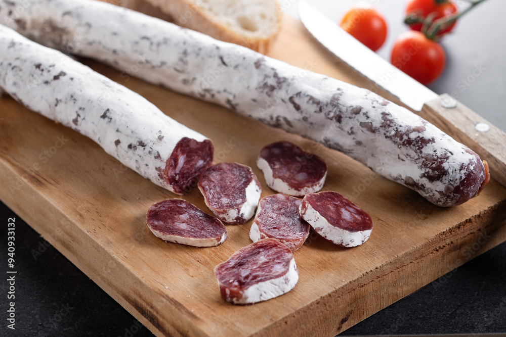 Fuet.Dry cured fuet sausage on black slate background Fuet.Dry cured fuet sausage on black slate background