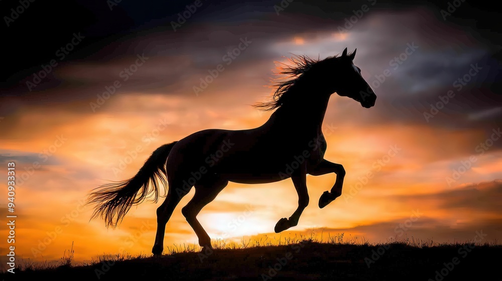 Silhouette of a horse rearing up on a hill with a dramatic sky