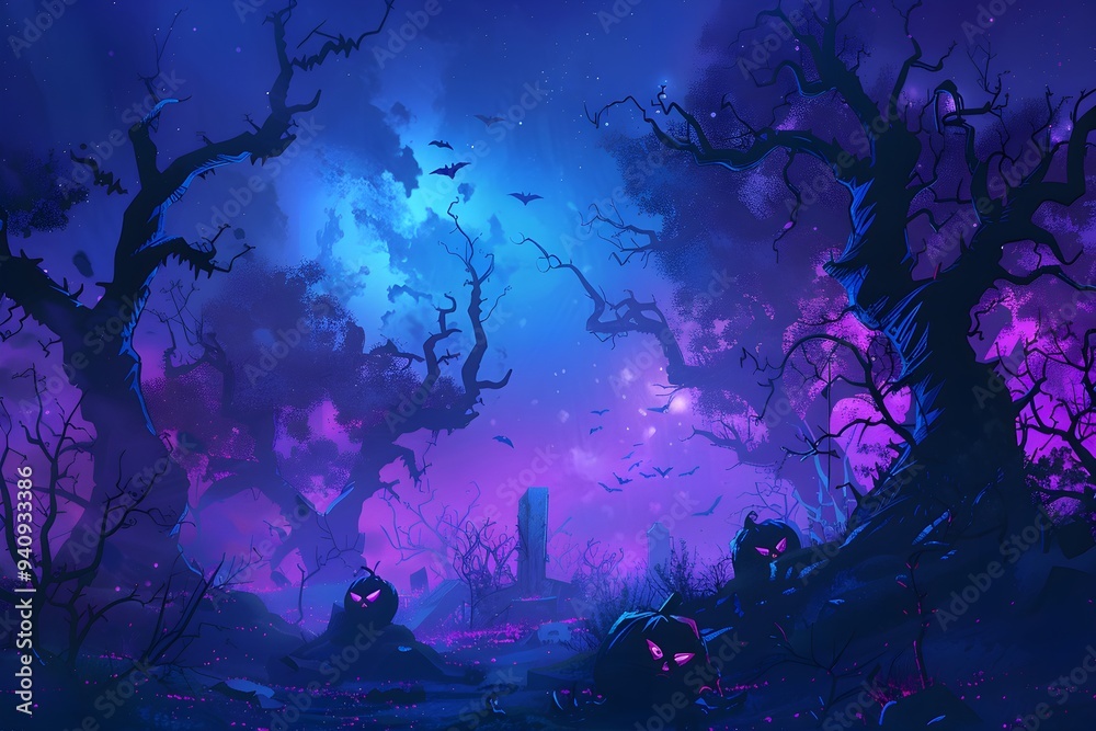 Obraz premium Eerie abandoned garden illustration with twisted trees and glowing Jack o'Lanterns under a blue and violet sky with bats. A dark, atmospheric spooky scene