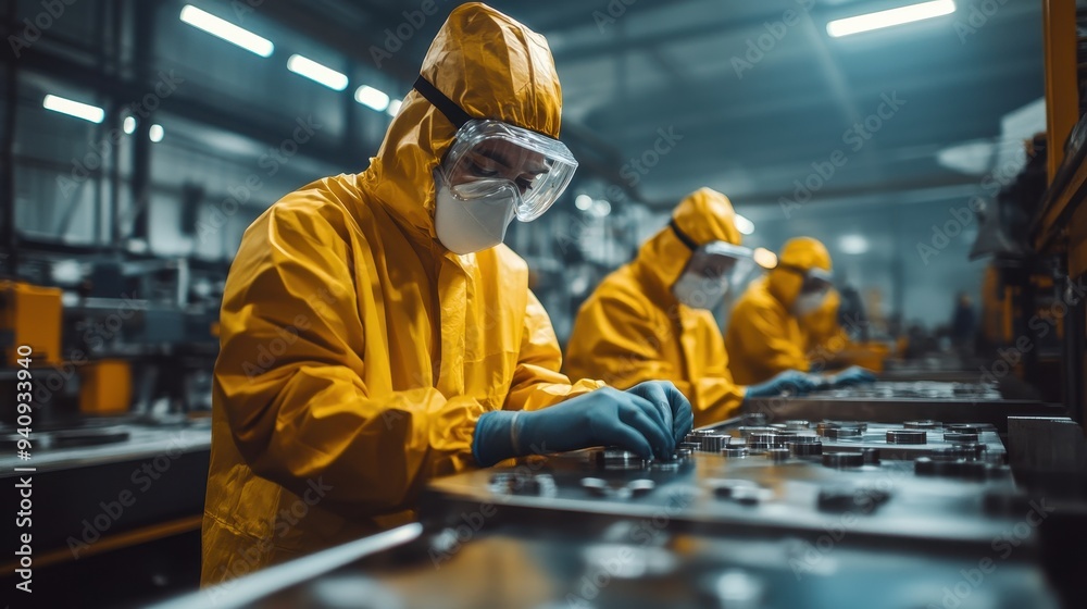 Workers in protective gear assembling components in a modern factory setting, emphasizing safety and precision.