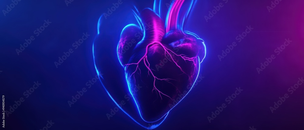 A glowing, stylized heart symbolizing love and emotion, set against a vibrant blue and purple background.