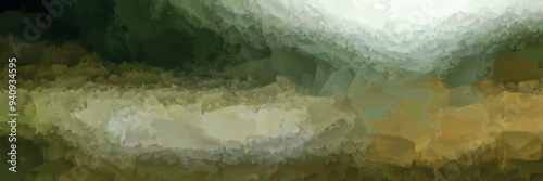 Abstract painting with a blend featuring rough of greens, browns, and whites overlapping brushstrokes that create a textured appearance and form an indistinct abstract vector landscape.