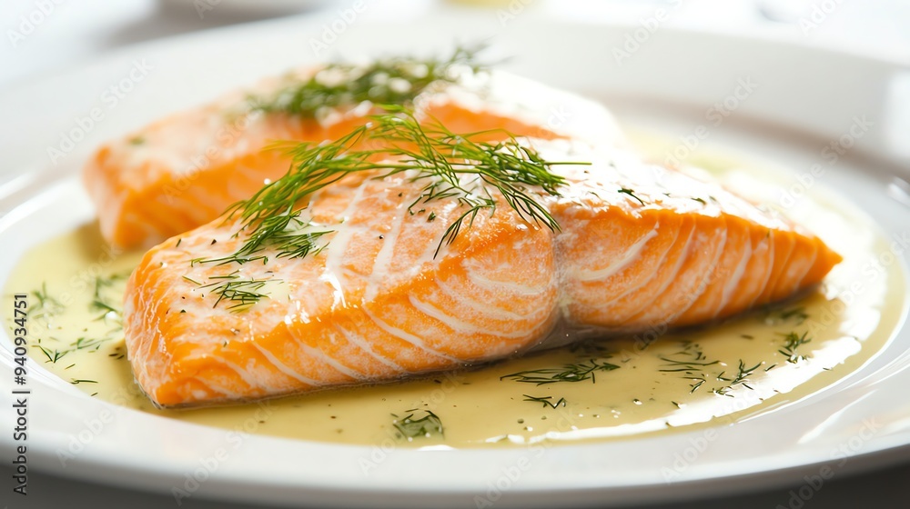 A plate of grilled salmon with a dill sauce. A plate of grilled salmon with a dill sauce.