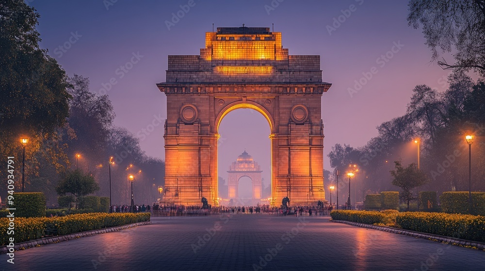 A stunning evening view of India Gate in New Delhi, with soft lighting illuminating the iconic structure.