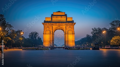 A stunning evening view of India Gate in New Delhi, with soft lighting illuminating the iconic structure.