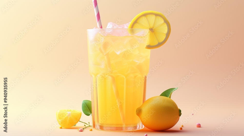 Fototapeta premium Refreshing lemon drink with ice and a slice of lemon, perfect for summer moments and vibrant gatherings.